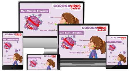 Set of mobile devices with covid-19 information on screen desktop illustration