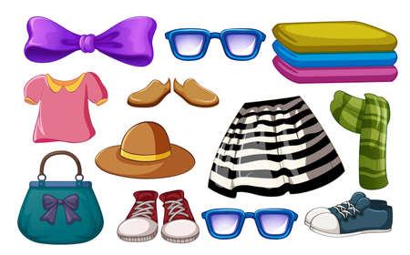 Set of fashion outfits and accessories on white background illustrationのイラスト素材