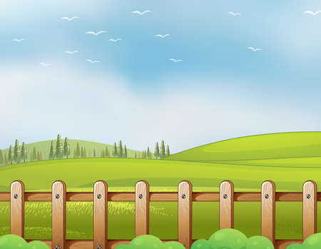 Farm in nature scene with blank bright blue sky  illustrationのイラスト素材