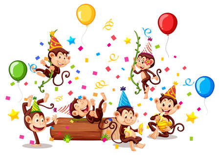 Monkey group in party theme isolated on white background illustrationのイラスト素材