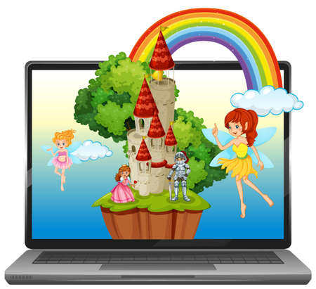Fairy tales on laptop desktop background illustrationのイラスト素材