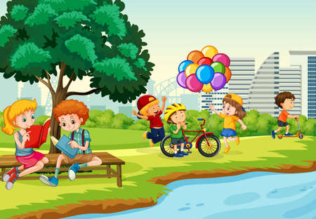 Children enjoy with their activity in the park scene illustrationのイラスト素材