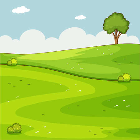 Empty green nature scene with a tree illustrationのイラスト素材