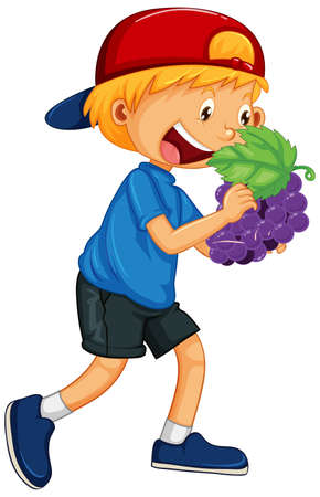 Happy boy holding grape illustrationのイラスト素材