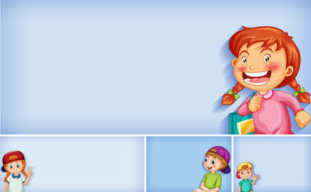 Set of different kid characters on blue color background illustrationのイラスト素材