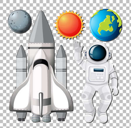 Set of space elements with astronuat on transparent background illustrationのイラスト素材