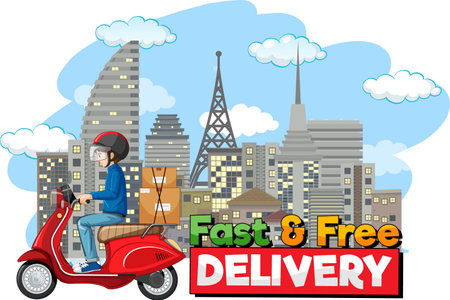 Fast and free delivery  with bike man or courier riding in the city illustrationのイラスト素材