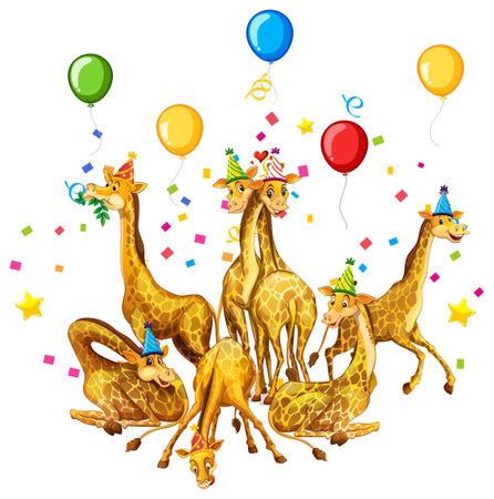 Giraffe group in party theme cartoon character on white background illustrationのイラスト素材