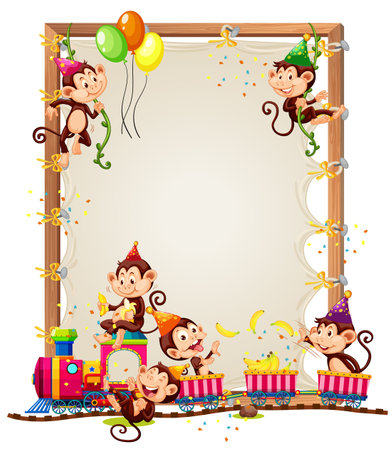 Canvas wooden frame template with monkeys in party theme isolated illustrationのイラスト素材