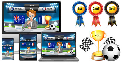 Set of sport news on electronic gadget screen with award objects illustrationのイラスト素材