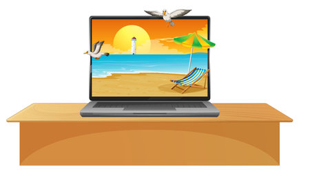 Laptop on the table with summer beach on screen illustrationのイラスト素材