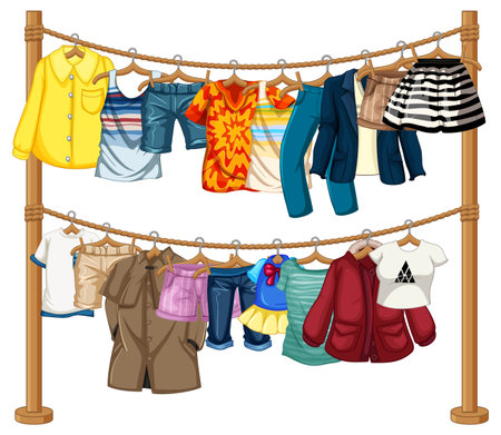 Many clothes hanging on a line on white background illustrationのイラスト素材