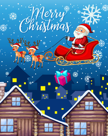 Merry Christmas font with Santa Claus on sleigh in the sky at night illustrationのイラスト素材
