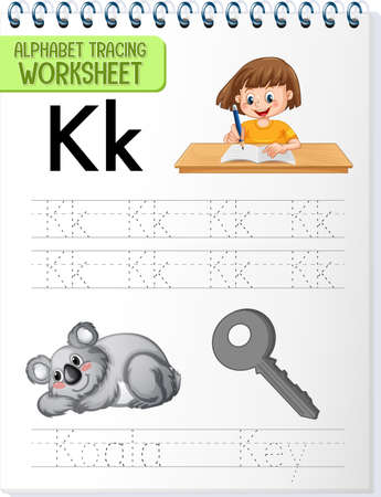 Alphabet tracing worksheet with letter and vocabulary illustrationのイラスト素材