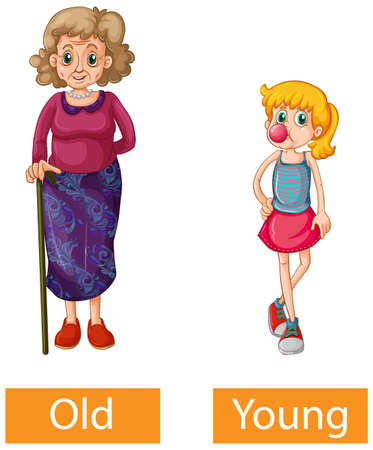Opposite adjectives words with old and young illustrationのイラスト素材