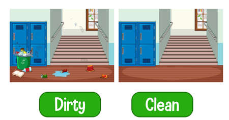 Opposite adjectives words with dirty and clean illustrationのイラスト素材
