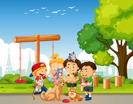 Group of pet with owner in playground scene illustrationのイラスト素材