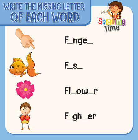 Write the missing letter of each word worksheet for children illustrationのイラスト素材