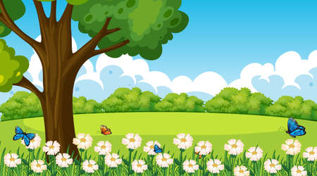 Park outdoor scene with flower field and a big tree illustrationのイラスト素材