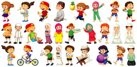Children doing different activities cartoon character set on white background illustrationのイラスト素材