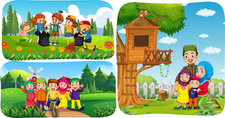 Set of muslim people cartoon character in different scene illustrationのイラスト素材