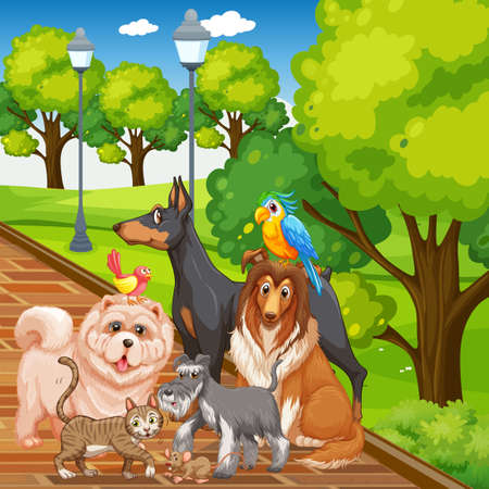 Group of pet in the park scene illustrationのイラスト素材