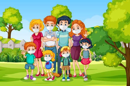 Outdoor scene with family wearing mask for prevent coronavirus illustrationのイラスト素材
