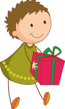 A doodle kid holding a gift box cartoon character isolated illustrationのイラスト素材