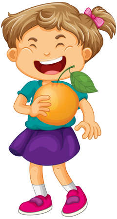A girl holding an orange fruit cartoon character isolated on white background illustrationのイラスト素材