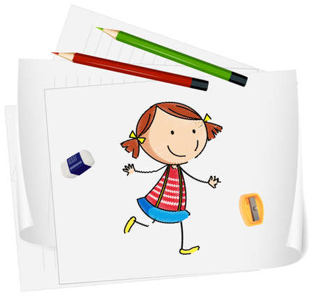 Sketch little kids cartoon character on paper isolated illustrationのイラスト素材