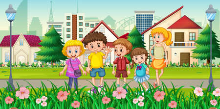 Outdoor house scene with many children illustrationのイラスト素材