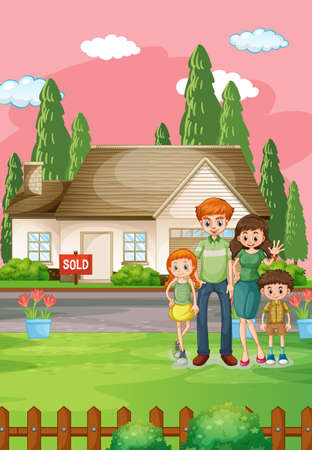 Outdoor scene with family standing in front of a house for sale illustrationのイラスト素材