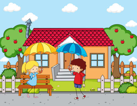 Front house scene with two kids holding umbrella illustrationのイラスト素材