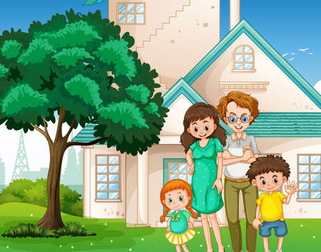 Happy family standing in front of the house illustrationのイラスト素材