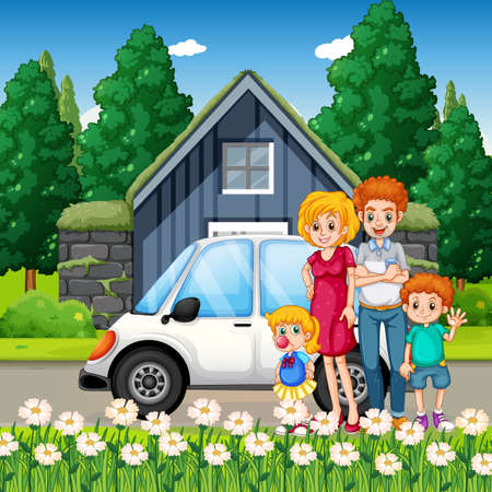 Happy family standing outside home with a car illustrationのイラスト素材