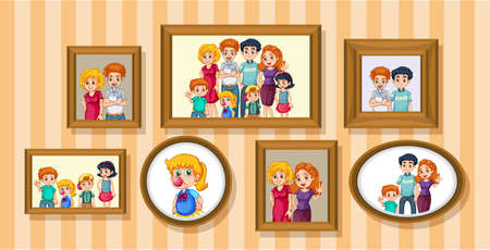 Set of happy family photo on the wooden frame illustrationのイラスト素材