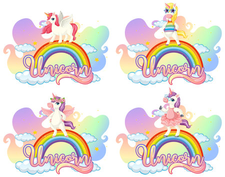 Set of different unicorn cartoon character on rainbow with unicorn font illustrationのイラスト素材
