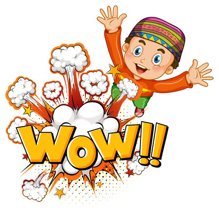WOW word on bomb explosion with muslim boy cartoon character isolated illustrationのイラスト素材
