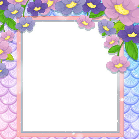 Blank banner on rainbow fish scales background with many flowers illustrationのイラスト素材