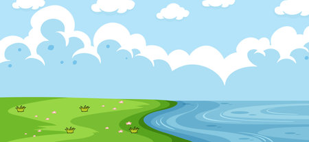 Empty park landscape scene with riverside illustrationのイラスト素材