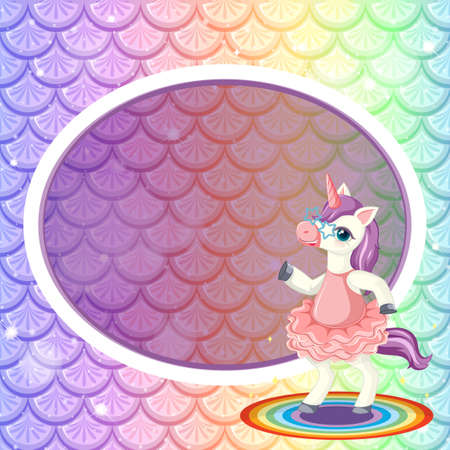 Oval frame template on pastel rainbow fish scales background with cute unicorn cartoon character illustrationのイラスト素材