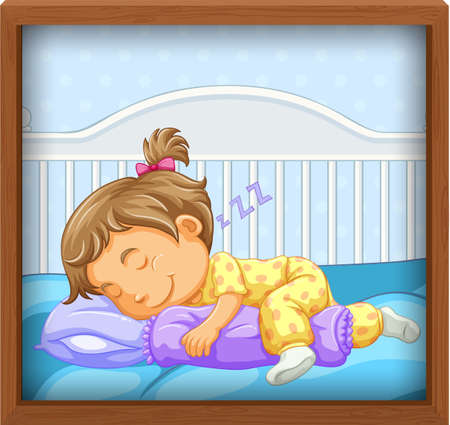 Baby girl sleep on baby crib illustrationのイラスト素材