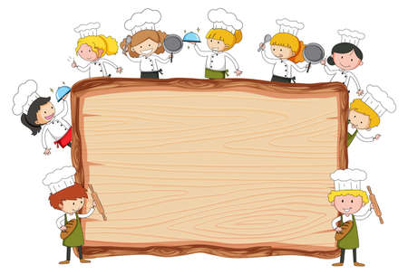 Empty wooden board with many little chefs theme isolated illustrationのイラスト素材
