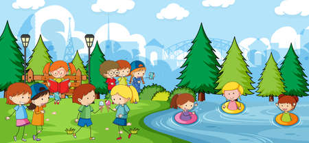 Park scene with many kids doodle cartoon character illustrationのイラスト素材