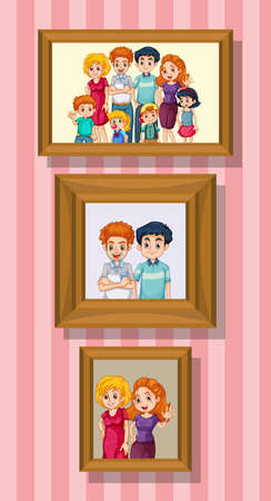 Set of happy family photo on the wooden frame illustrationのイラスト素材
