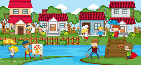 Outdoor scene with many kids playing in the park illustrationのイラスト素材