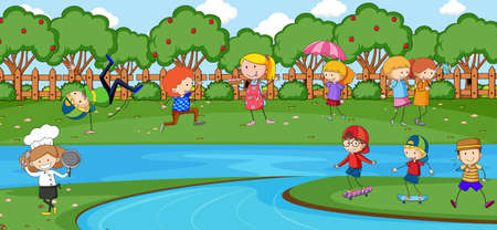 Outdoor scene with many kids playing in the park illustrationのイラスト素材