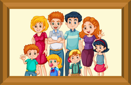Happy big family photo on wooden frame illustrationのイラスト素材