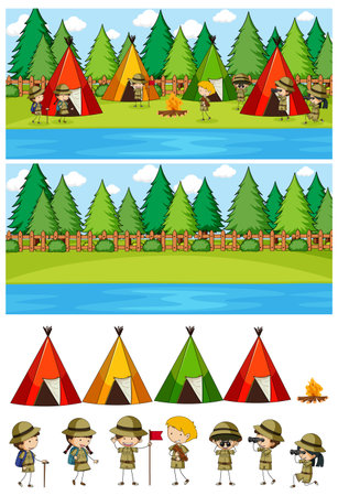 Camping scene set with many kids cartoon character isolated illustrationのイラスト素材