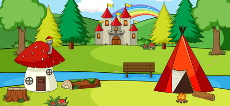 Outdoor scene with castle and camping tent in the park illustrationのイラスト素材